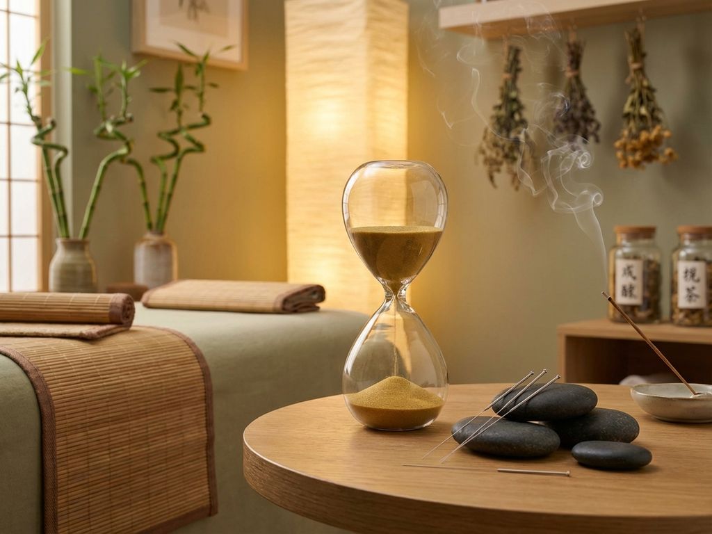 acupunctuur-behandeling-kamer-hourglass-wellness.jpg Acupunctuurbehandelkamer met zandloper, acupunctuurnaalden op stenen en bamboe-elementen in warme tinten