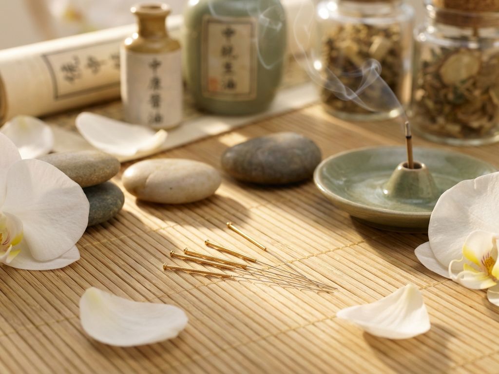 Acupunctuurnaalden op bamboemat met orchideeën, stenen en wierook in warme verlichting voor traditionele behandeling