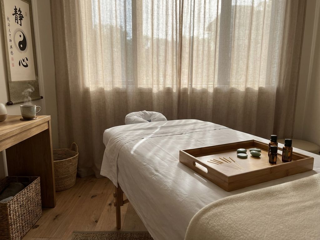 acupunctuur-behandelkamer-wellness-therapie-ruimte.jpg Sereen acupunctuurbehandelkamer met massage tafel, gouden naalden op bamboe dienblad en zachte natuurlijke verlichting