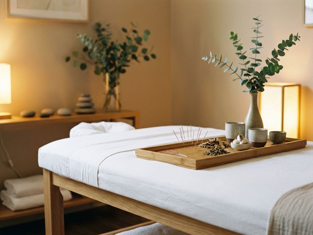 Acupunctuurbehandelkamer met houten tafel, witte lakens, bamboedienblad met naalden en natuurlijke welzijnselementen