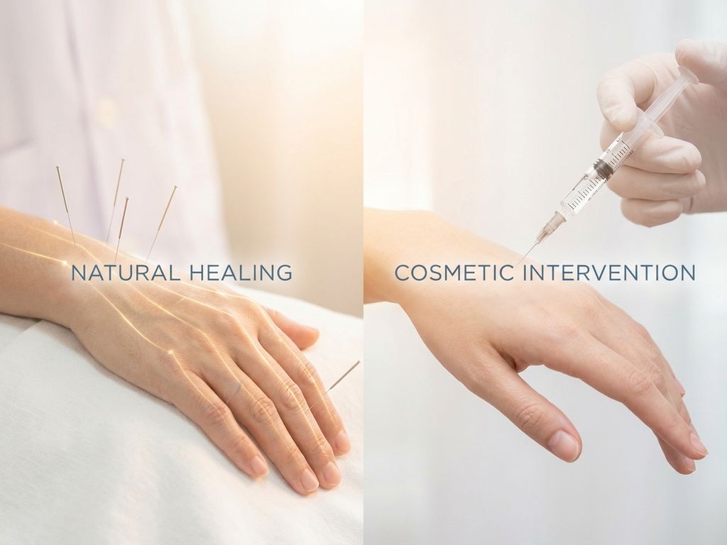 Twee handen tegen witte achtergrond: links acupunctuurbehandeling met naalden, rechts cosmetische botoxinjectie