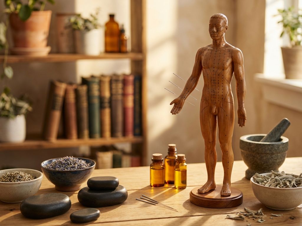 acupunctuur-holistisch-therapie-behandeling.jpg Acupunctuurnaald in houten anatomisch model omringd door massagestenen, etherische oliën en kruiden voor holistische therapie