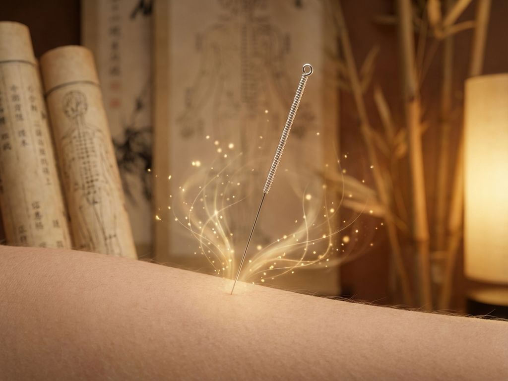 Acupunctuurnaald wordt precisie ingebracht in huid met gouden energiestraling en traditionele Chinese meridiaan kaarten