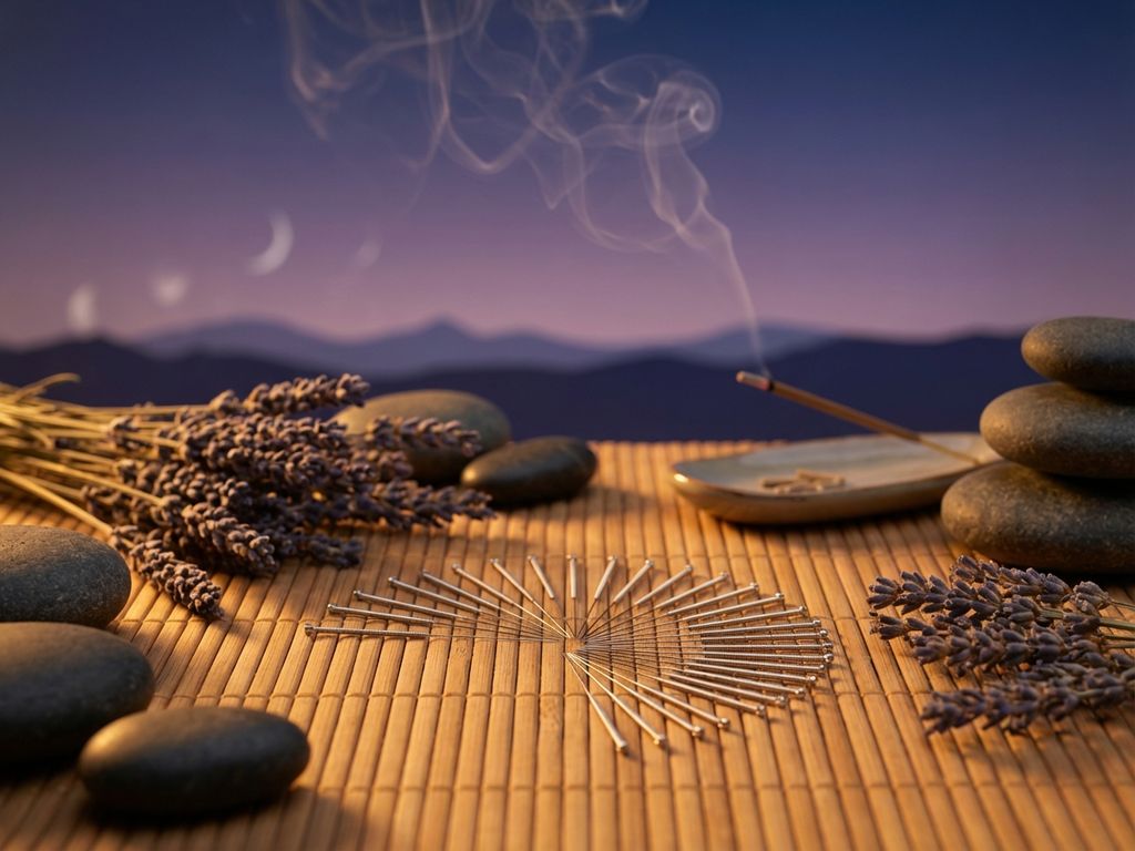 acupunctuur-naaldjes-sereniteit-bamboe-genezing.jpg Acupunctuurnaalden in spiraalpatroon op bamboemat met lavendel, stenen en wierook bij maanlicht voor ontspanning