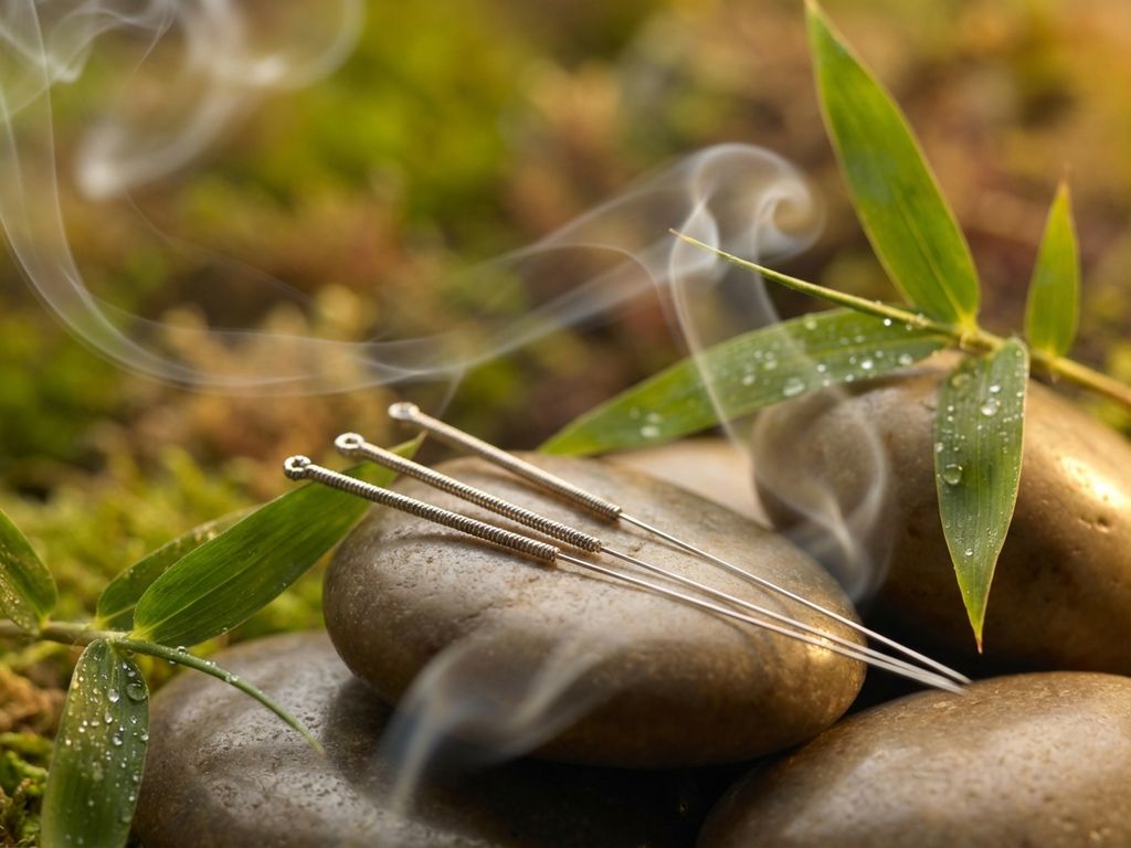 Acupunctuurnaalden op gladde rivierstenen met bamboe bladeren in warme gouden verlichting voor wellness therapie