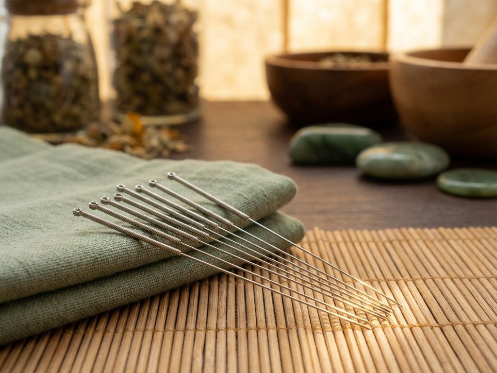 Zeven acupunctuurnaalden in close-up op behandeltafel met gouden verlichting en bamboe achtergrond