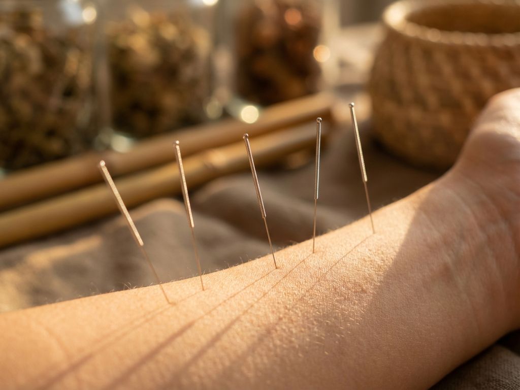 Steriele acupunctuurnaalden worden precies in de huid geplaatst tijdens traditionele Chinese geneeskunde behandeling