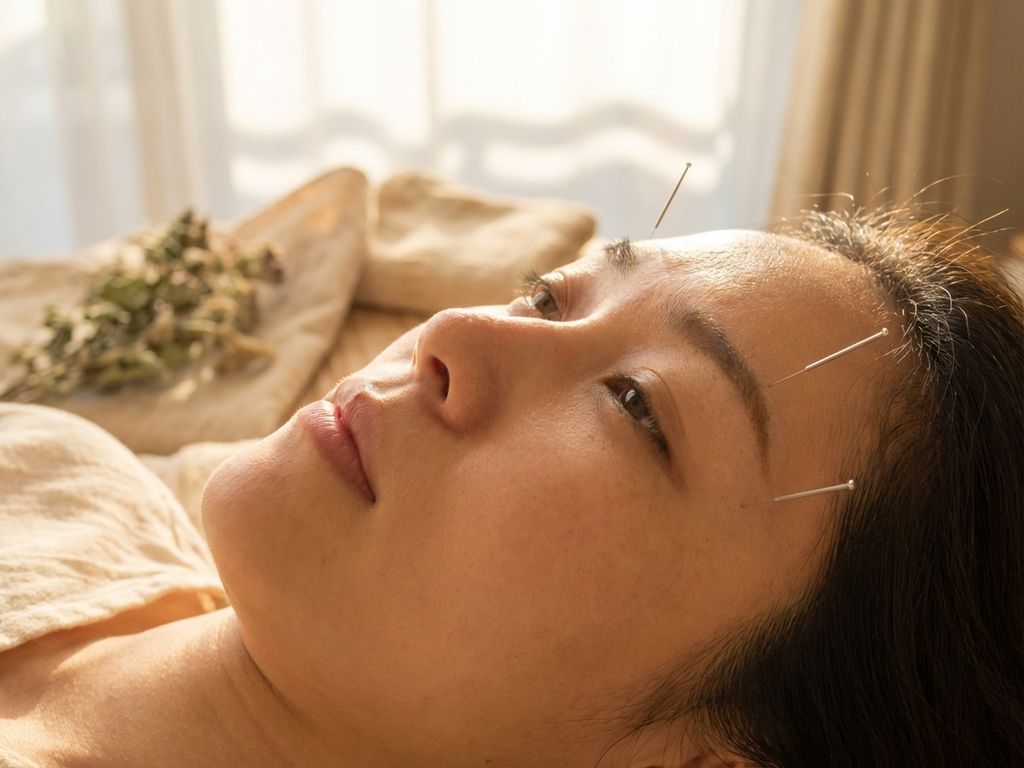 Acupunctuurbehandeling met dunne naalden in gezicht van patiënt, gouden verlichting, traditionele Chinese geneeskunde