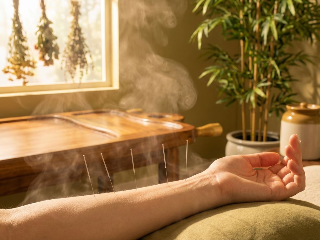 acupunctuur-naalden-traditionele-chinese-geneeskunde.jpg Acupunctuurbehandeling met dunne naalden in huid, warme verlichting en traditionele Chinese geneeskunde omgeving