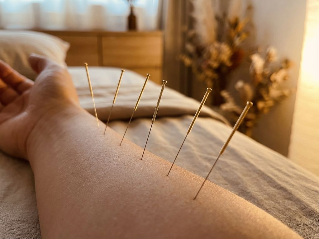 Acupunctuurnaalden nauwkeurig geplaatst in huid tijdens behandeling, warme verlichting in wellness omgeving