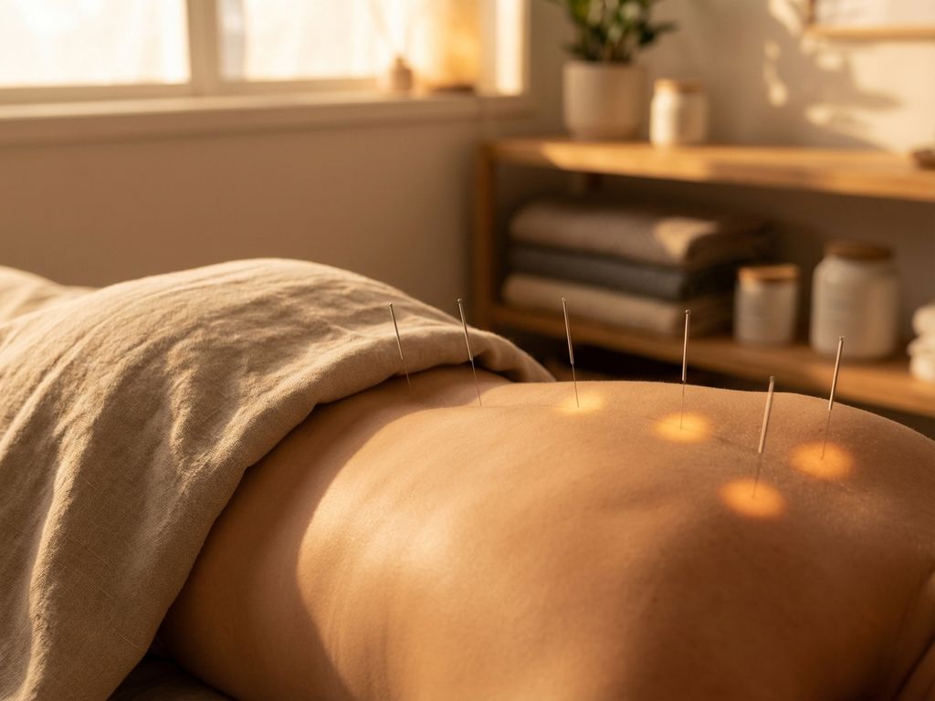 acupunctuur-naalden-behandeling-effectiviteit-tekens.jpg Acupunctuurnaalden in patiëntenrug met gouden verlichting en drie gloeiende punten in warme behandelkamer