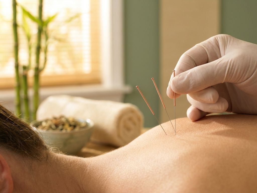 Acupunctuurnaalden worden precies in huid geplaatst tijdens professionele behandeling in spa met bamboe achtergrond