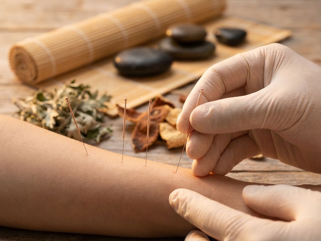 Acupunctuurbehandeling met nauwkeurig geplaatste naalden op huid, omgeven door bamboe matten en kruiden in warme tinten
