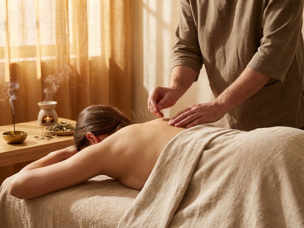 acupunctuur-naalden-behandeling-therapeut-rug.jpg Acupunctuurnaalden worden vakkundig in rug van patiënt geplaatst tijdens traditionele behandeling in warme sfeer