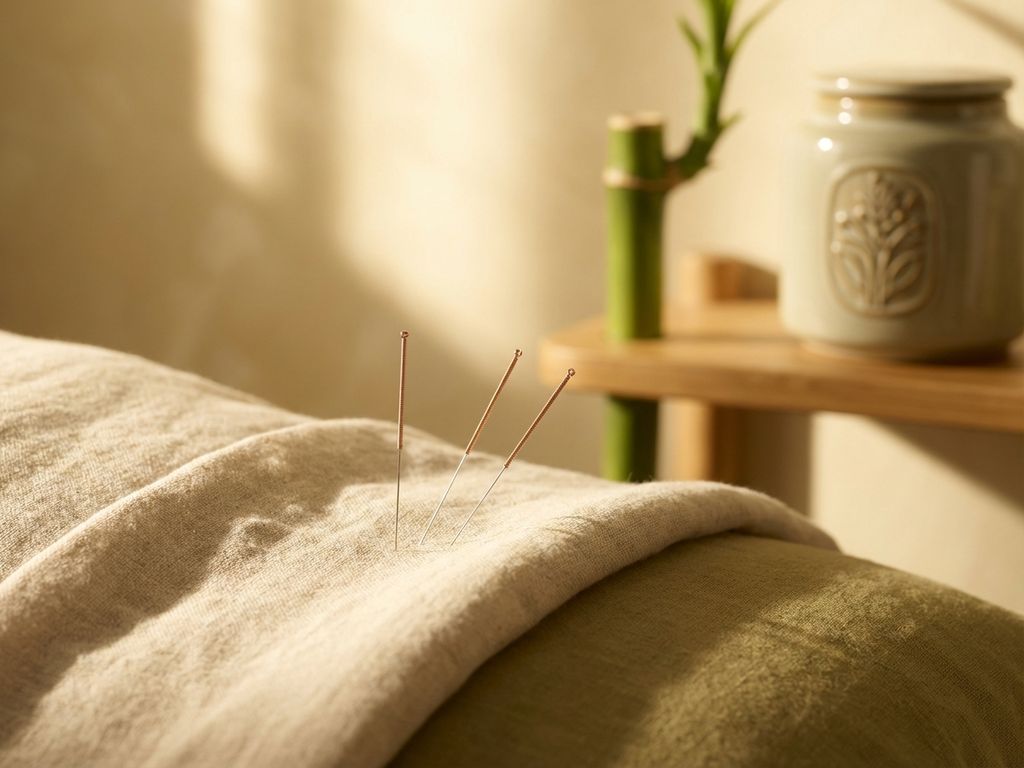 acupunctuur-naalden-behandeling-wellness-therapie.jpg Acupunctuurnaalden nauwkeurig geplaatst op behandeltafel met warme verlichting en bamboe wellness elementen op achtergrond