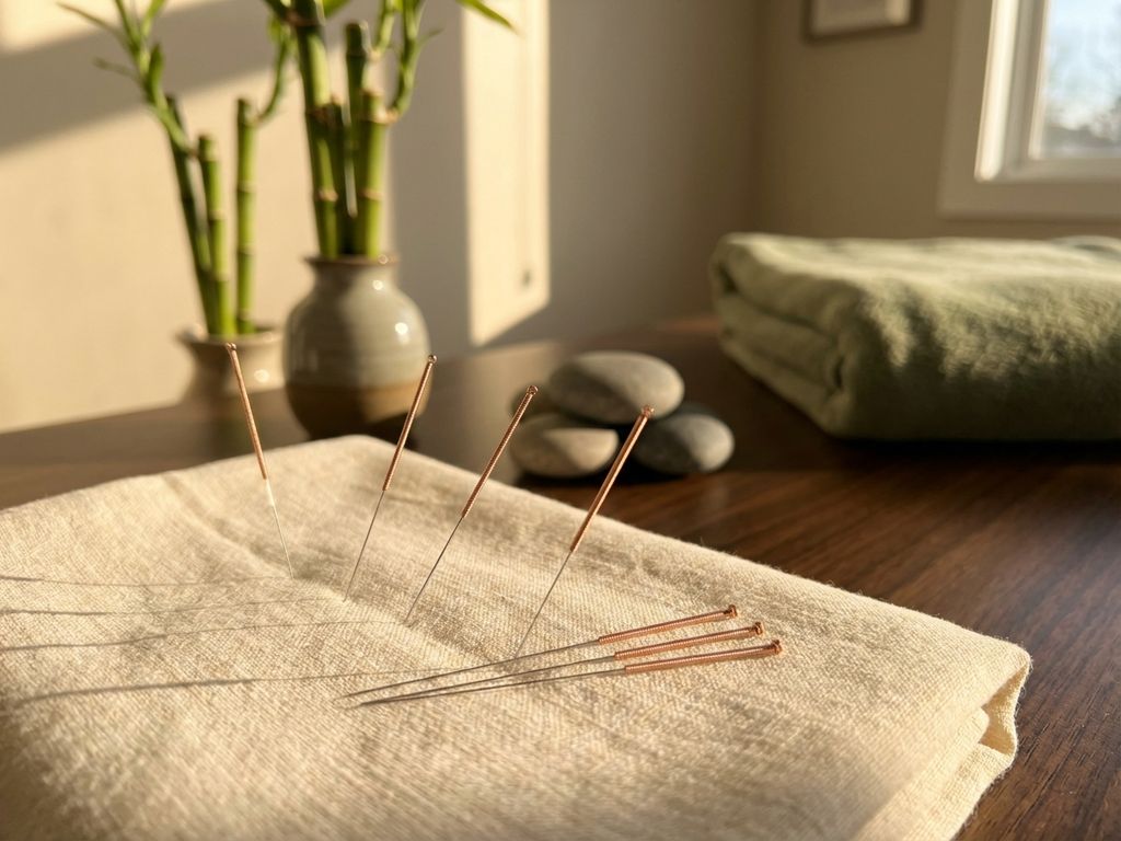 acupunctuur-naalden-behandeling-wellness-kliniek.jpg Acupunctuurnaalden op behandeltafel in wellness kliniek met zachte gouden verlichting en traditionele Chinese elementen