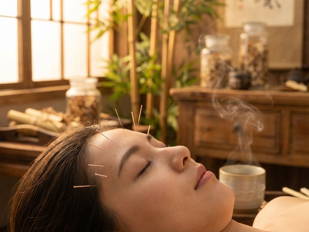 acupunctuur-slaap-behandeling-genezing-therapie.jpg Acupunctuurbehandeling met naalden in gezicht tegen zachte gouden verlichting in traditionele Chinese geneeskunde setting