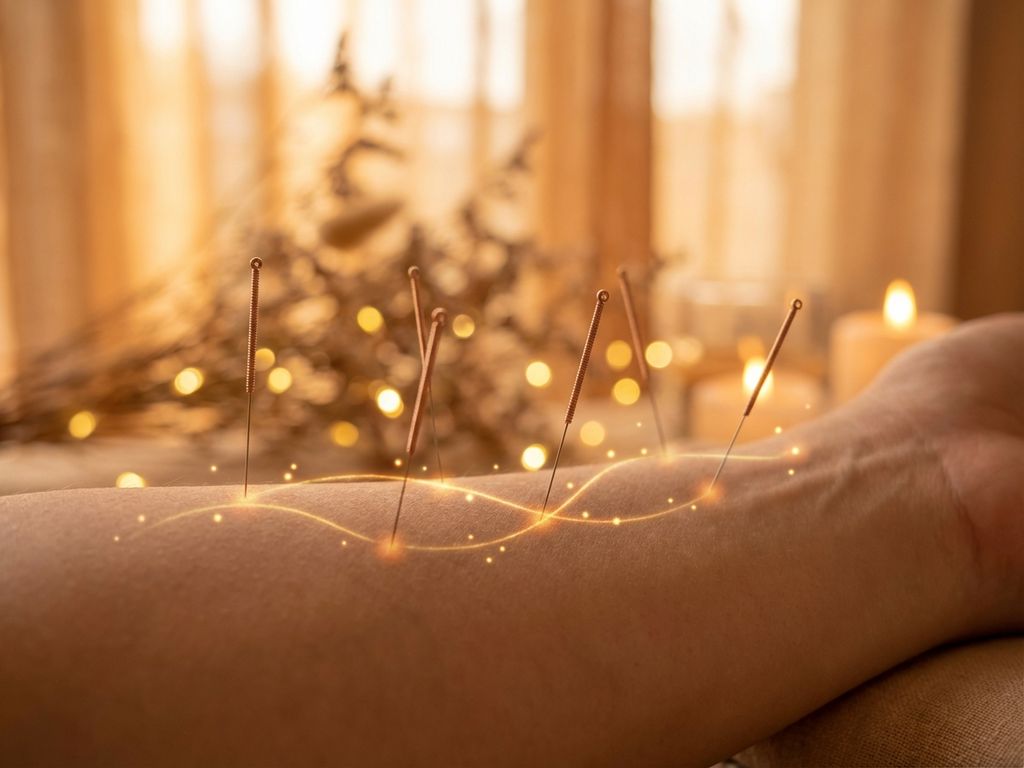 acupunctuur-naalden-gouden-licht-energie-healing.jpg Acupunctuurbehandeling met gouden lichteffecten op huid, rustgevende spa-sfeer met warme tinten