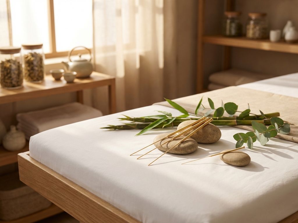 acupunctuur-gouden-naalden-spa-wellness-behandeling.jpg Gouden acupunctuurnaalden op rivier stenen met bamboe en eucalyptus op houten behandeltafel in spa omgeving