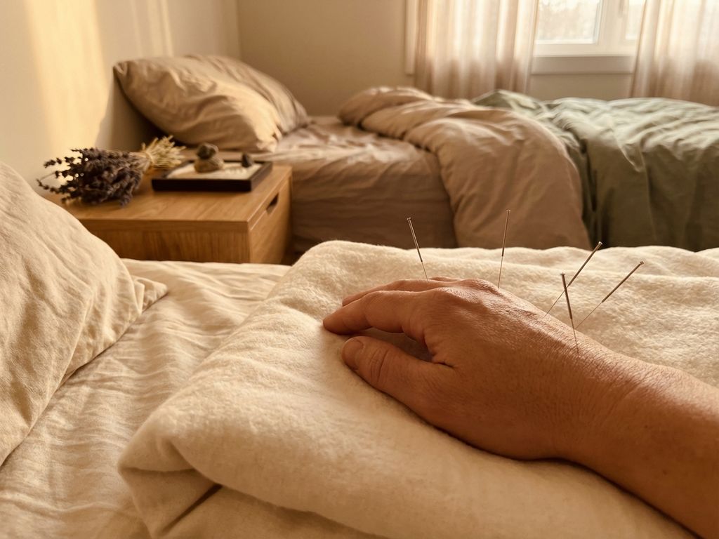 Acupunctuurbehandeling van hand op wit linnen met lavendel en zen-tuin op nachtkastje in rustige slaapkamer