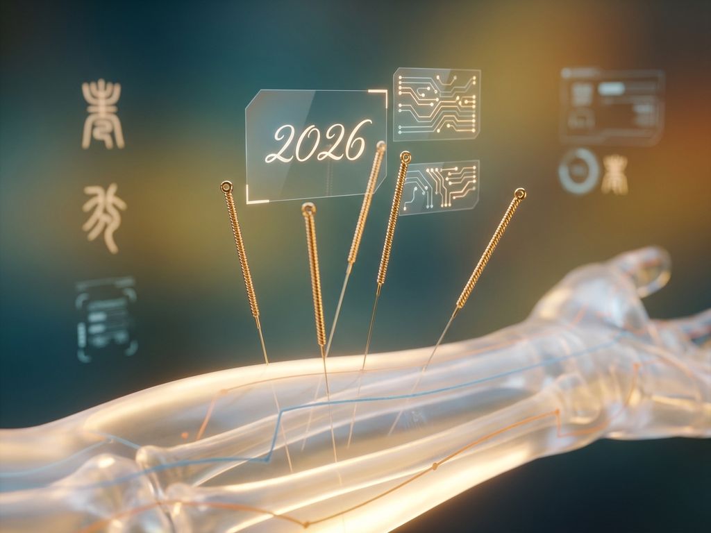 Gouden acupunctuurnaalden in transparant model met holografische 2026-elementen en meridiaan lijnen