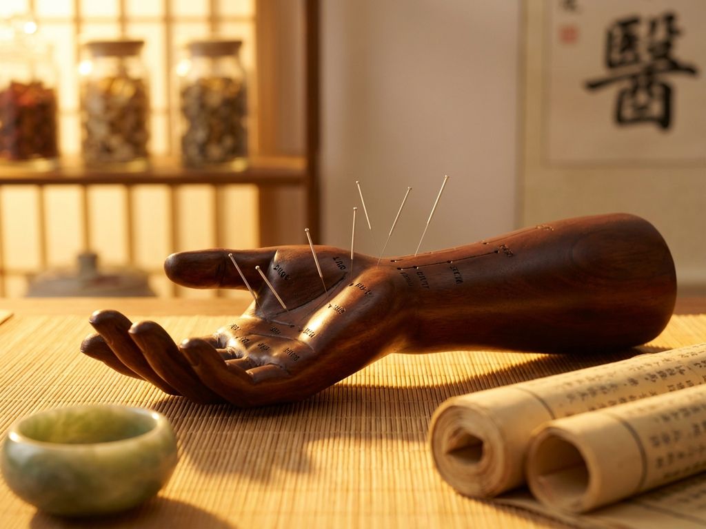 Acupunctuurnaalden geplaatst in houten anatomisch model met warme verlichting en traditionele Chinese geneeskunde elementen