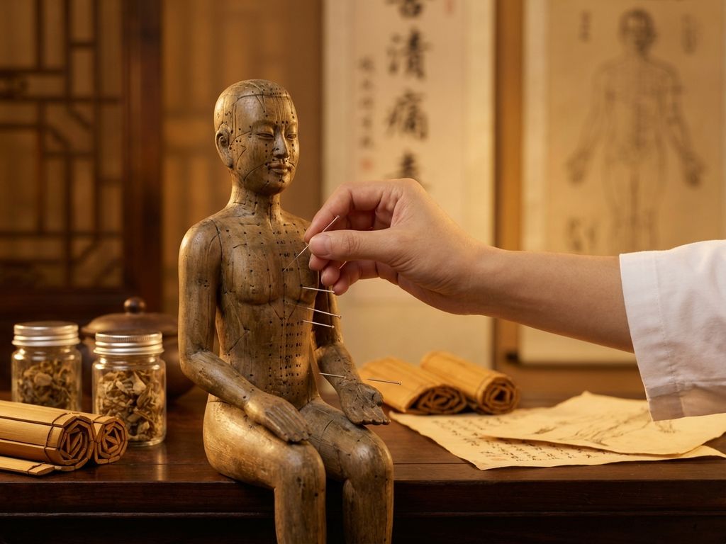acupunctuur-naalden-behandeling-therapie-model.jpg Acupunctuurnaalden in houten oefenmodel met traditionele Chinese geneeskunde elementen op achtergrond