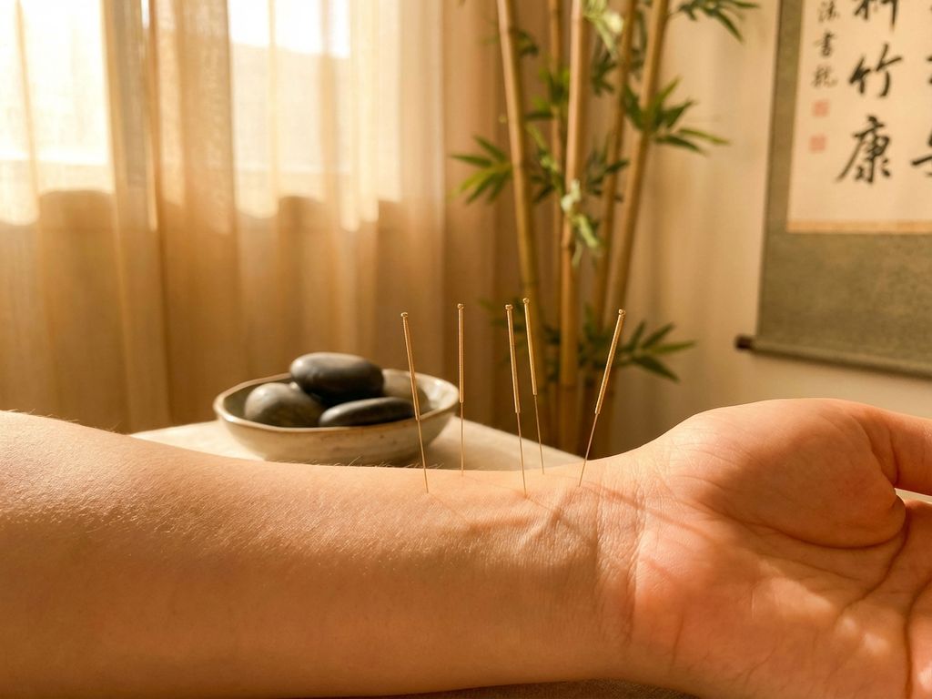 Acupunctuurnaalden in gladde huid tijdens anti-aging behandeling in traditionele spa met bamboe en stenen