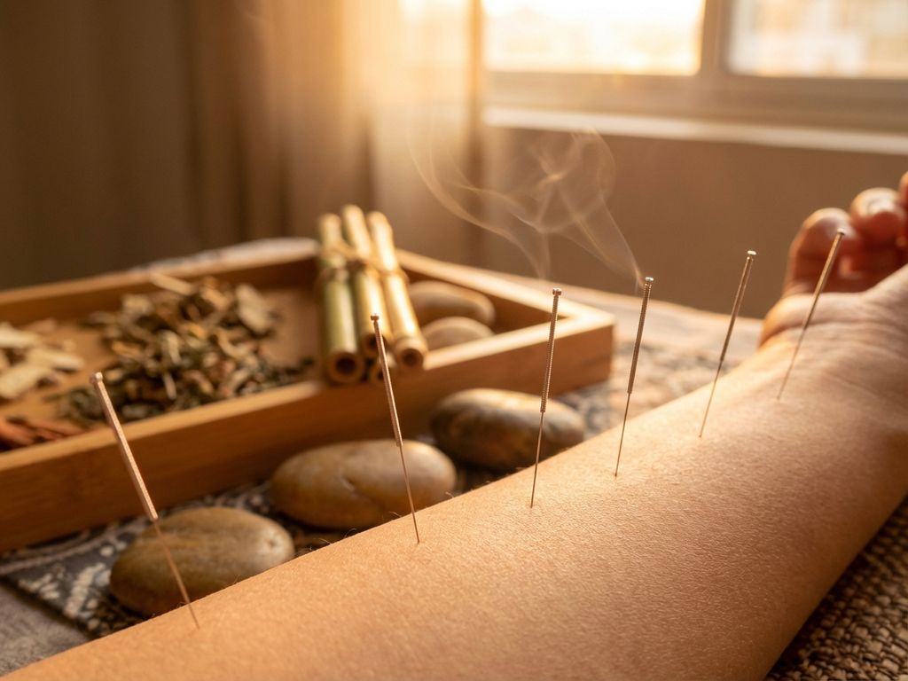 acupunctuur-naalden-therapie-genezing-behandeling.jpg Acupunctuurnaalden in huid met gouden verlichting en helende energie, bamboe en stenen op achtergrond