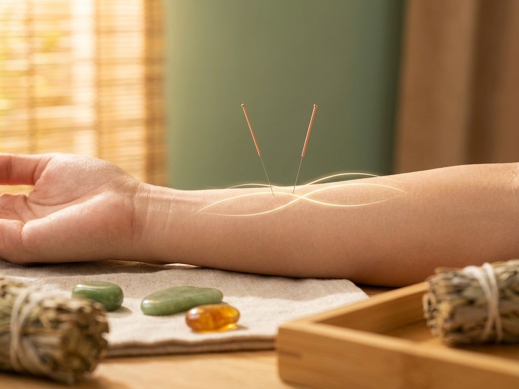 acupunctuur-naalden-behandeling-huid-tcm.jpg Acupunctuurnaalden in huid geplaatst met gouden verlichting en traditionele Chinese geneeskunde elementen