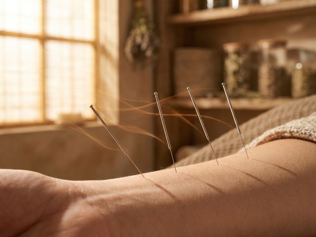 Acupunctuurnaalden geplaatst in huid met zachte verlichting in serene wellness-omgeving