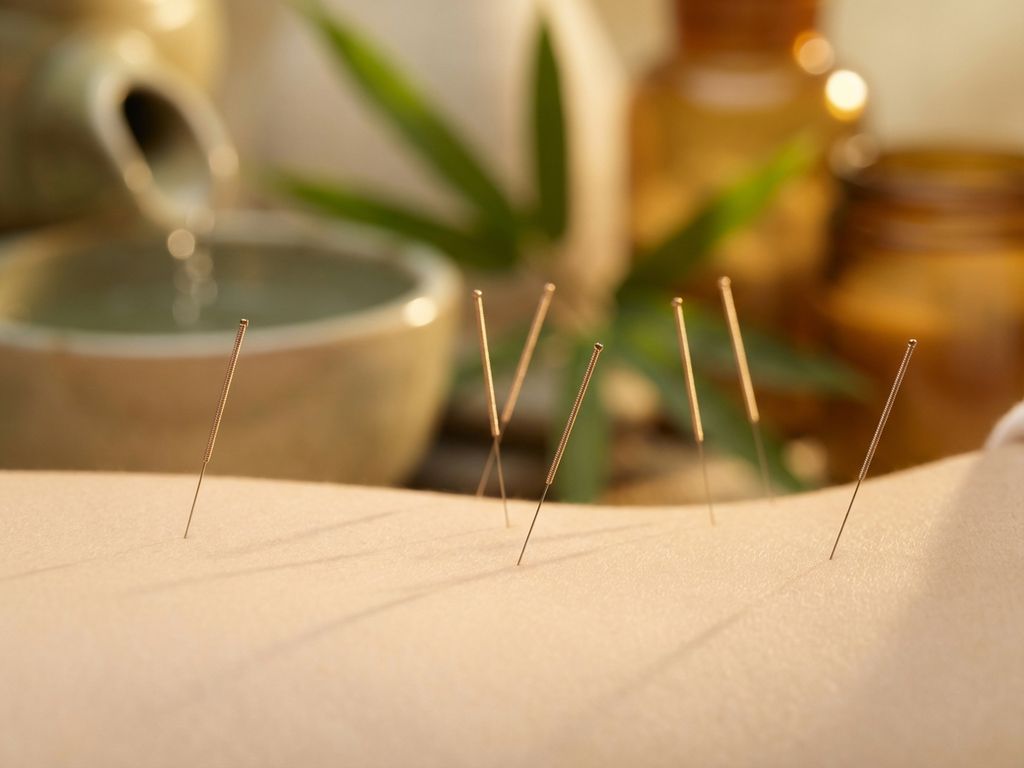 acupunctuur-naalden-stress-verlichting-therapie.jpg Acupunctuurnaalden geplaatst op huid met zachte gouden verlichting en ontspannende wellness-achtergrond