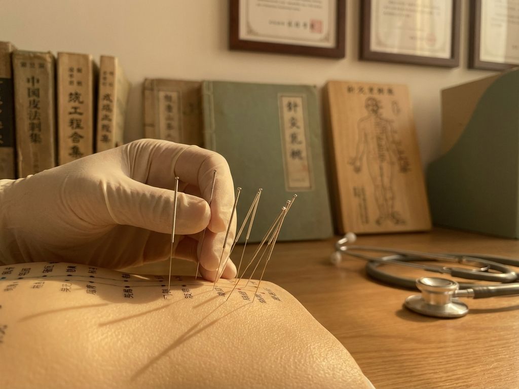 acupunctuur-opleiding-naalden-training-model.jpg Acupunctuurnaalden worden nauwkeurig ingebracht in anatomisch trainingsmodel met TCM-boeken en diploma's op achtergrond