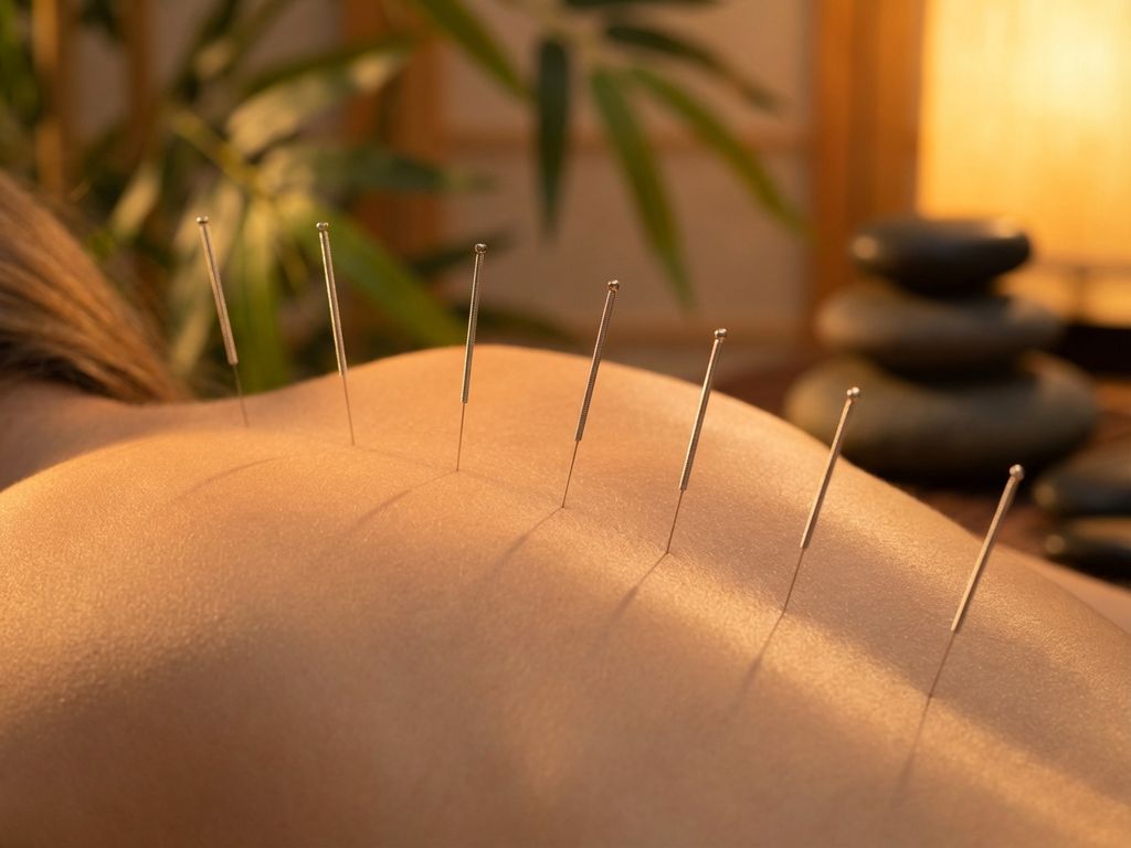 acupunctuur-naalden-therapeutische-behandeling-wellness.jpg Acupunctuurnaalden op menselijke rug met gouden verlichting en bamboe decoratie voor ontspanning en genezing