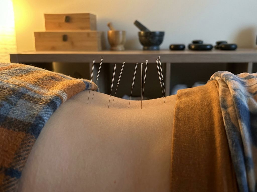 acupunctuur-behandeling-rug-naalden-therapie.jpg Acupunctuurnaalden geplaatst in onderrug tijdens traditionele Chinese geneeskunde behandeling met warme verlichting