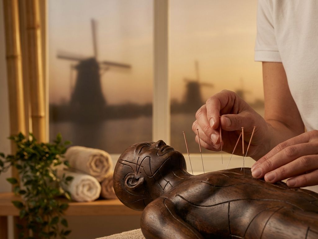 acupunctuur-naalden-schiedam-wellness-behandeling.jpg Acupunctuurnaalden in houten model met Schiedamse molens op achtergrond in rustige spa-omgeving met bamboe elementen