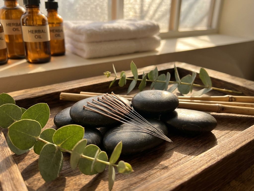 Acupunctuurnaalden op gladde rivierstenen met eucalyptus en bamboe in serene spa-omgeving met warme verlichting