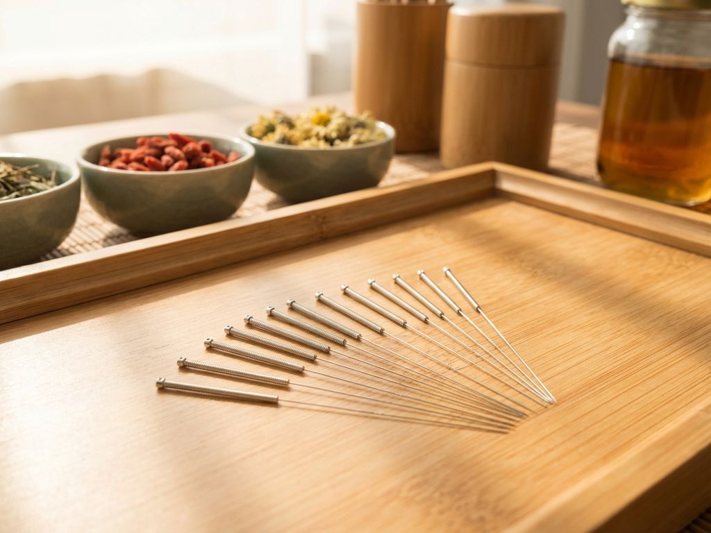 acupunctuur-naalden-therapie-behandeling-professioneel.jpg Steriele acupunctuurnaaldjes op houten ondergrond met traditionele Chinese kruidengeneeskunde elementen op achtergrond