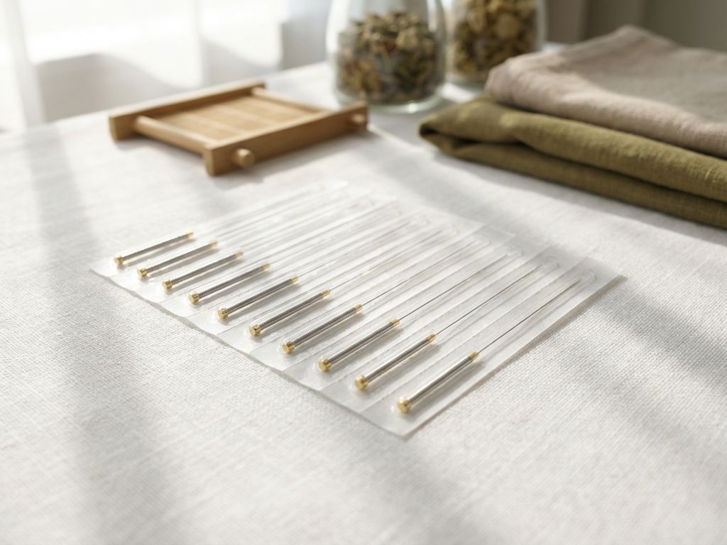 acupunctuur-naalden-steriel-traditionele-geneeskunde.jpg Steriele acupunctuurnaald op witte medische ondergrond met traditionele Chinese kruidengeneeskunde elementen op achtergrond