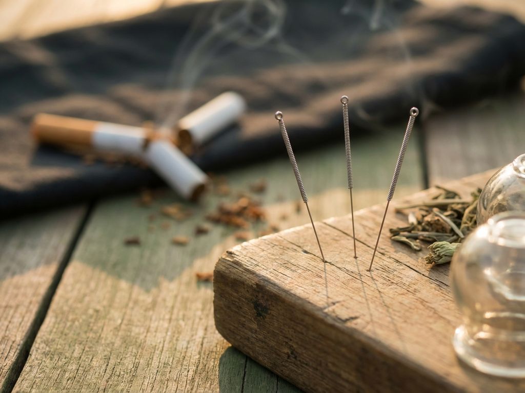 Acupunctuurnaalden op houten oppervlak met gebroken sigaret, kruiden en cupping glazen voor rookstop therapie