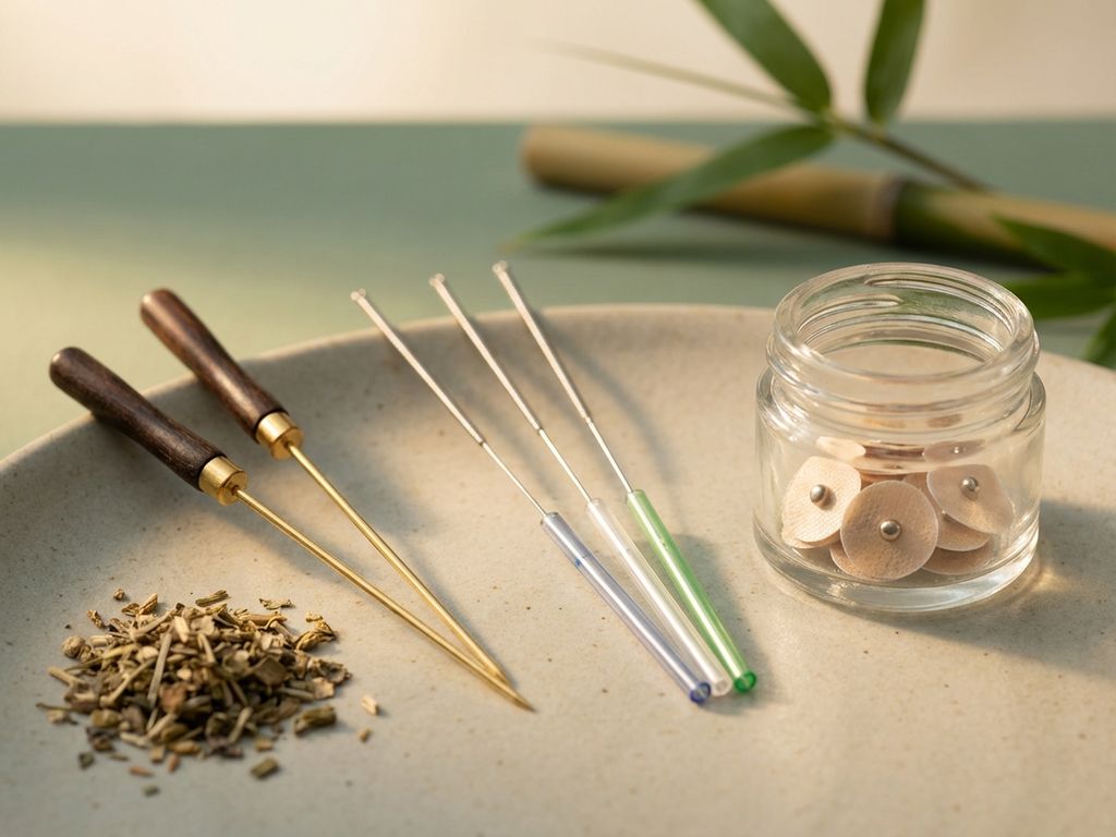 acupunctuur-naalden-technieken-traditionele-geneeskunde.jpg Drie verschillende acupunctuurnaald technieken diagonaal gerangschikt: gouden naalden, zilveren naalden en oorzaadjes