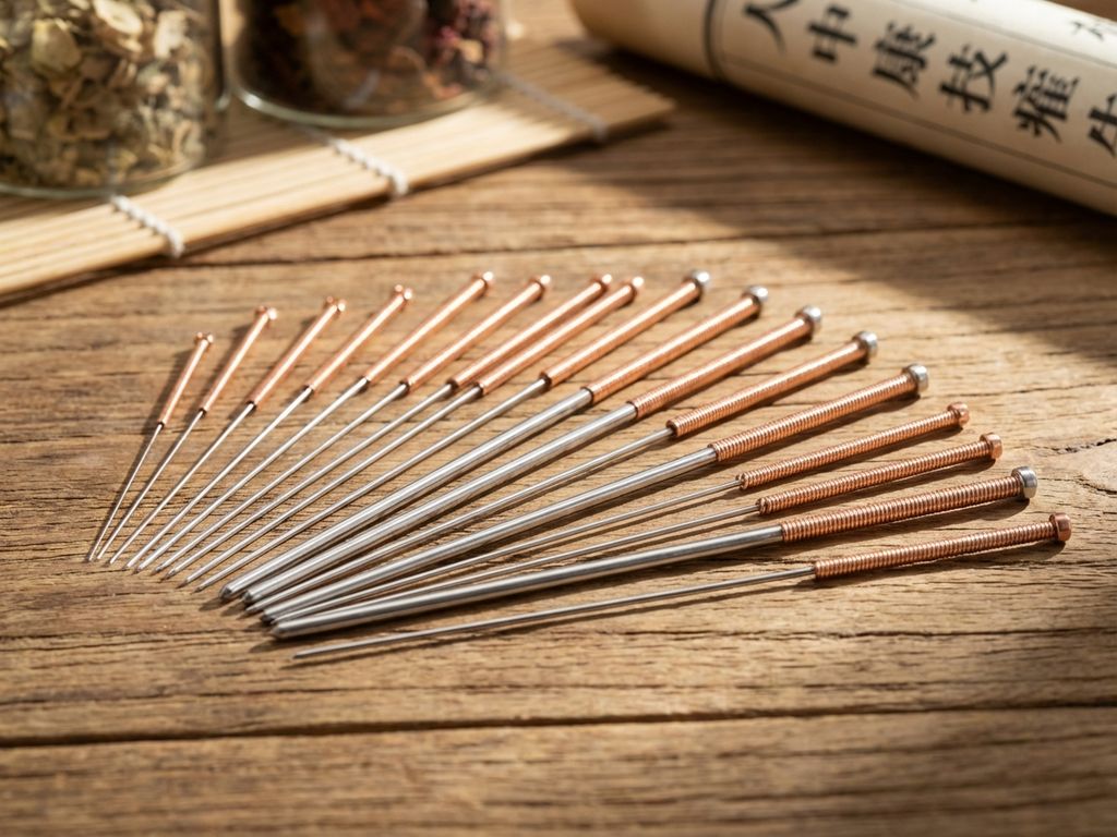 Acupunctuurnaalden met koperen handvatten in waaierpatroon op houten ondergrond, traditionele Chinese geneeskunde