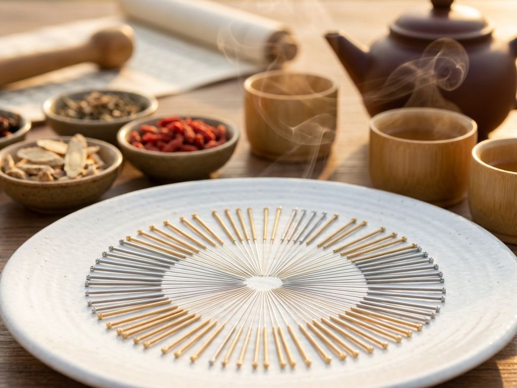 Acupunctuurnaalde gerangschikt op witte ondergrond met Chinese kruiden en bamboe elementen op de achtergrond