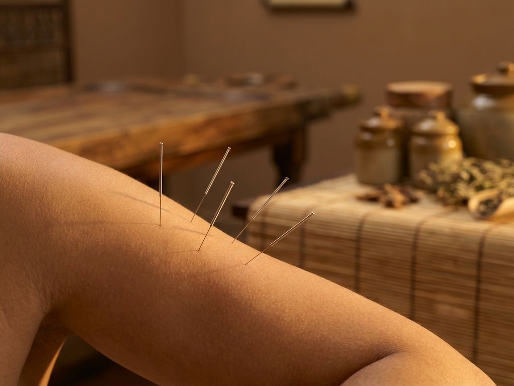 Acupunctuurnaald in huid geplaatst tijdens traditionele Chinese geneeskunde behandeling in therapeutische omgeving