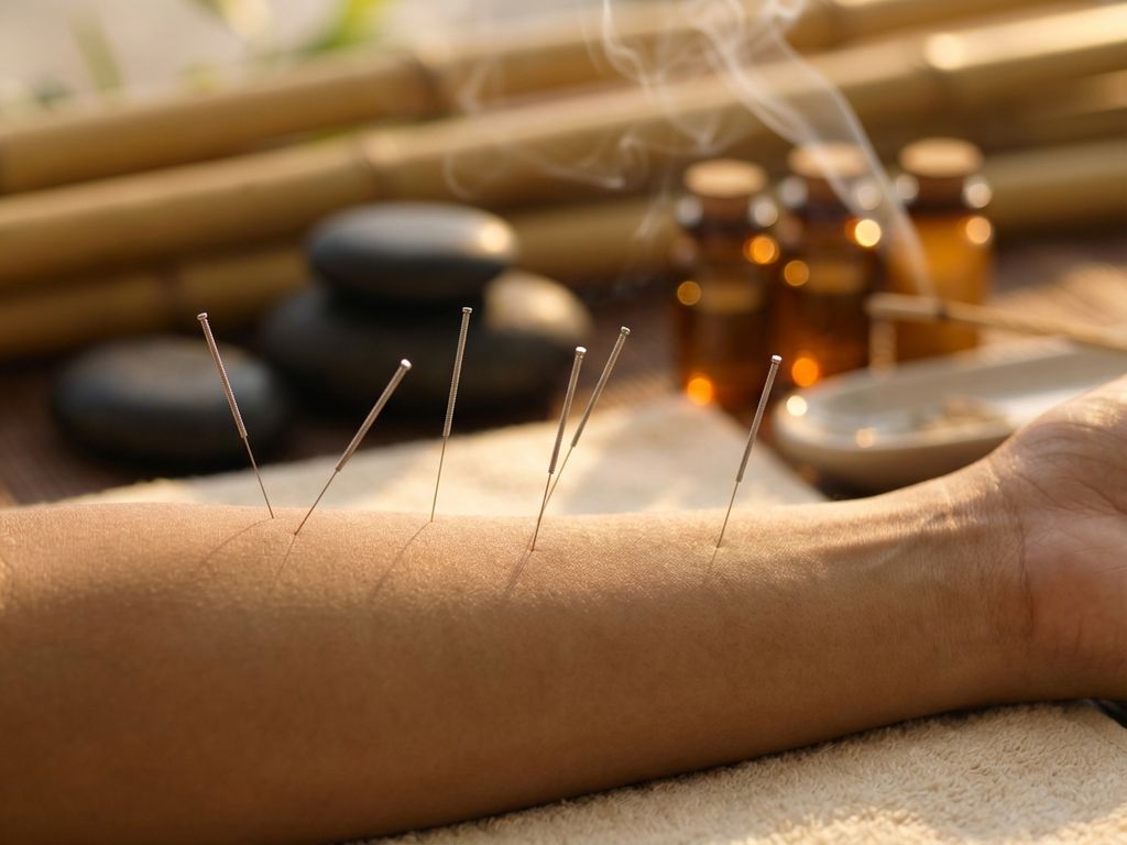 Acupunctuurnaalden in huid met gouden verlichting, bamboe en etherische oliën op achtergrond voor wellness behandeling