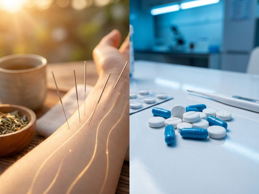 acupunctuur-versus-pijnstillers-vergelijking.jpg Acupunctuurnaald op huid versus pijnstillerpillen, traditionele geneeskunde tegenover moderne farmaceutische behandeling