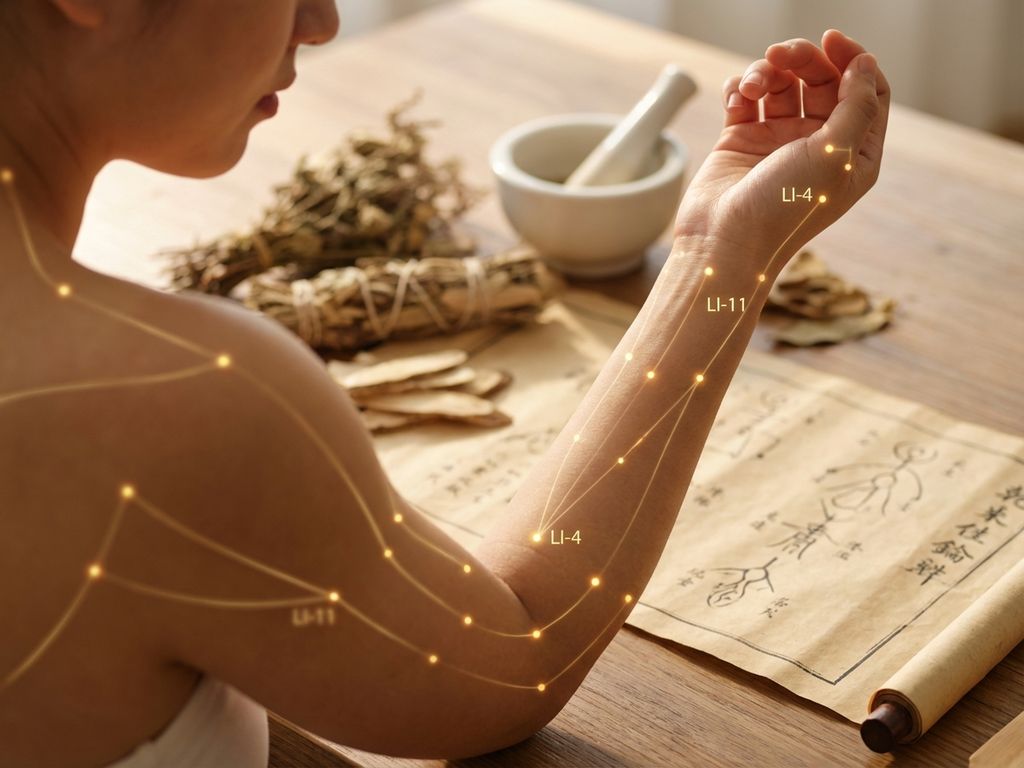 acupunctuur-punten-meridianen-traditioneel-geneeskunde.jpg Menselijke torso met verlichte gouden acupunctuurpunten en meridianen, traditionele Chinese geneeskunde concept