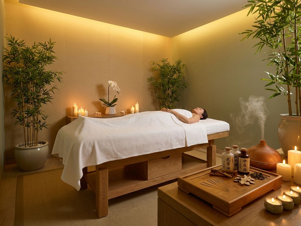 acupunctuur-spa-behandelkamer-traditioneel-chinees.jpg Rustgevende spa behandelkamer met acupunctuurnaald op houten dienblad, bamboe planten en warme gouden verlichting