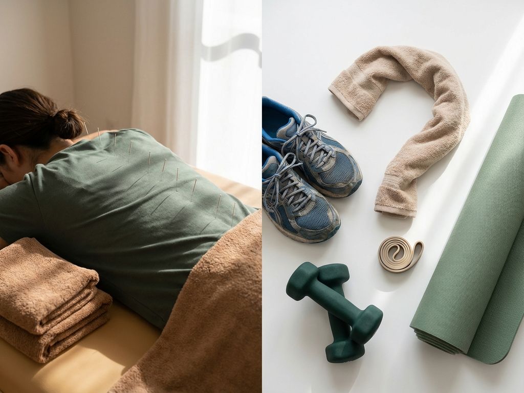 acupunctuur-versus-sport-herstel-keuze-gids.jpg Splitscherm met acupunctuurbehandeling op rug links en sportuitrusting rechts, vraagt keuze tussen rust en activiteit