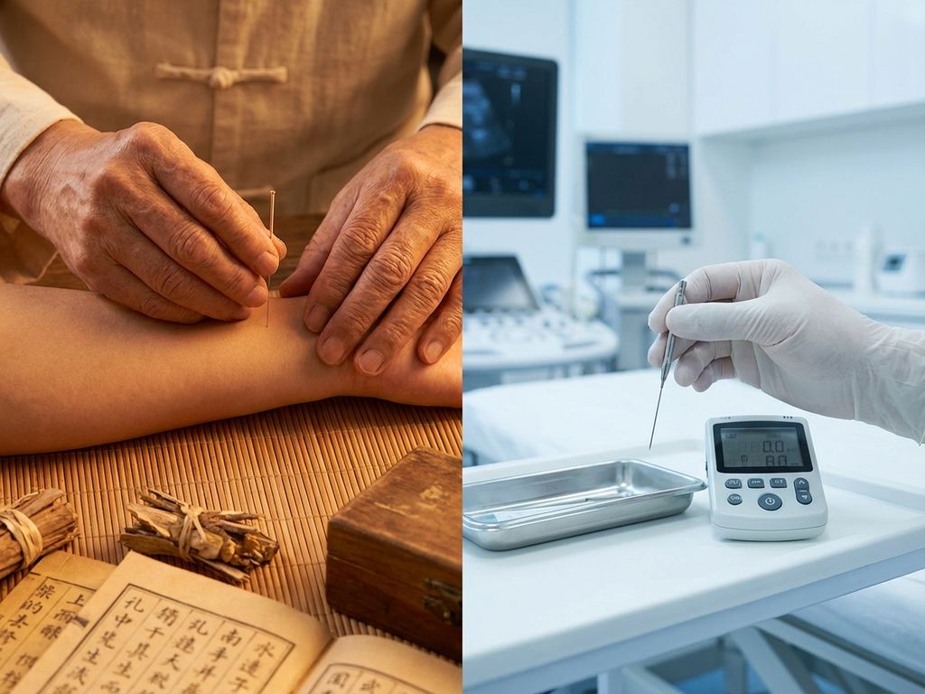 acupunctuur-traditioneel-modern-vergelijking-methoden.jpg Vergelijking traditionele gouden acupunctuurnaalden met kruiden versus moderne elektronische acupunctuurapparatuur